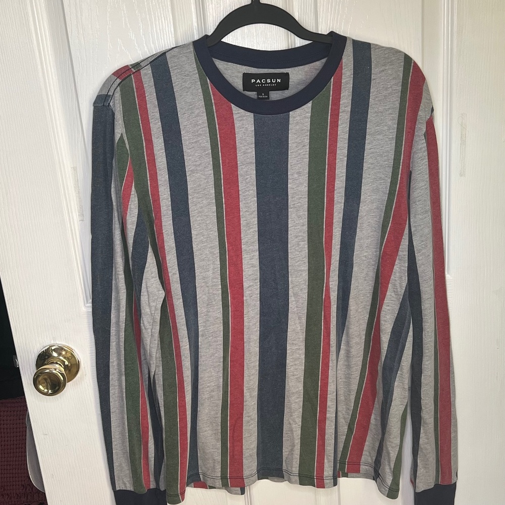 Pacsun Stripped long sleeve shirt | Mens blue green and red striped shirt | Sm